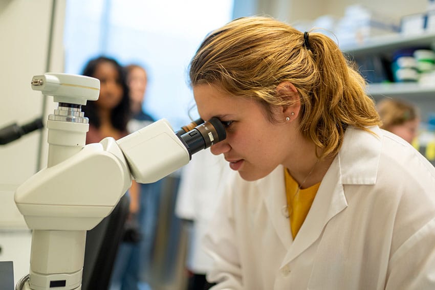 A Summer Science Camp participant peers into a microscope to observe a plate of cultured cells to determine if they are ready for passaging (a technique used to continue the division and growth of the cell line).