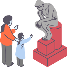 Woman and Child pointing at statue