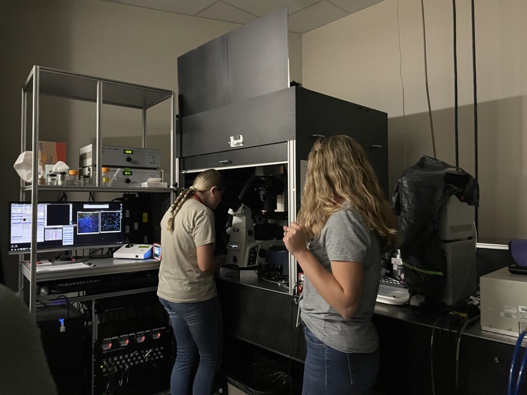 Assistant scientist Alexa Heaton from the Skala Lab helps a student view fluorescent cells under a microscope in the dark room.